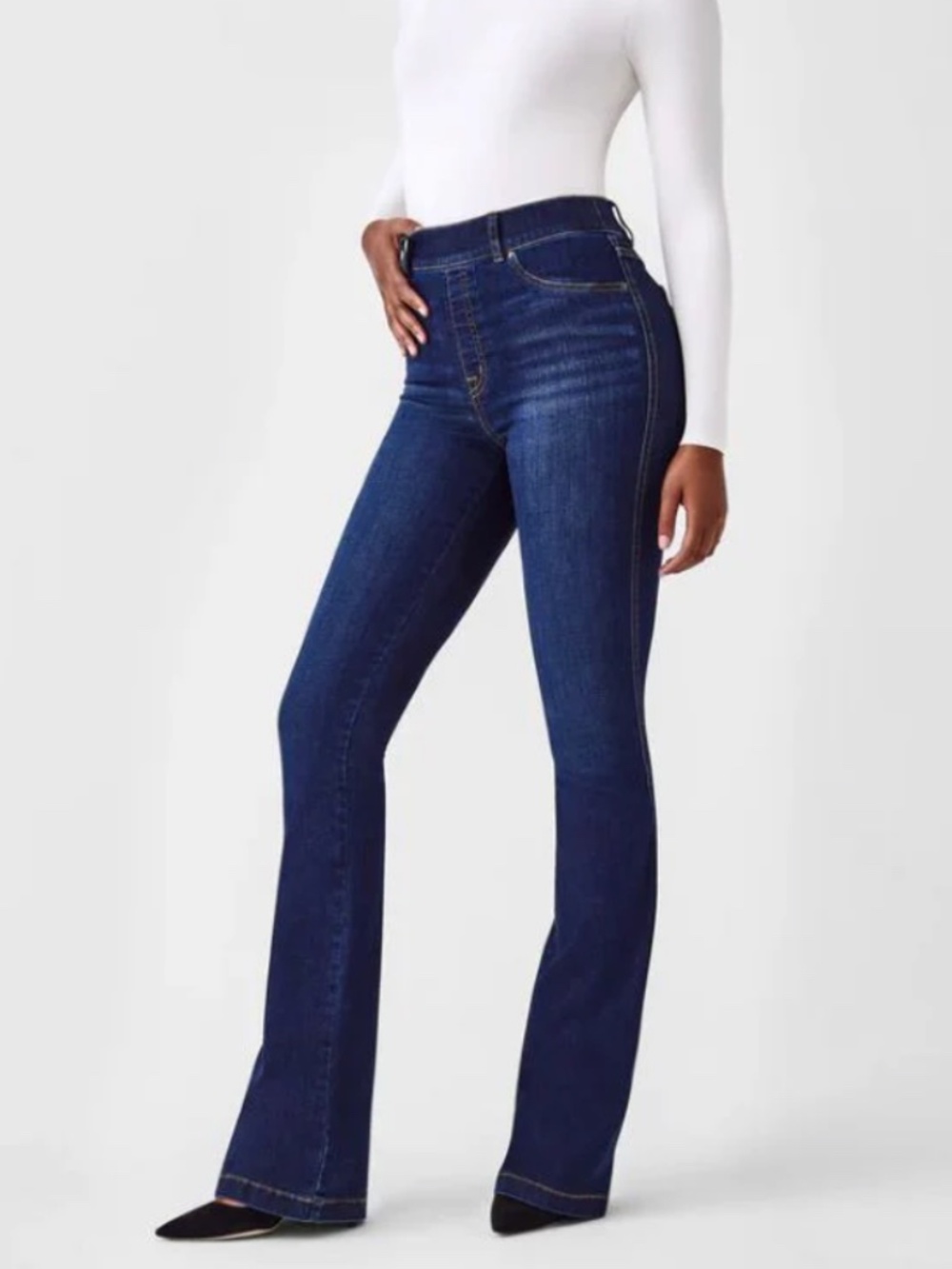 Spanx Flare Jeans Midnight Shade Dark Blue Pull On Size Large L Classic Long Leg